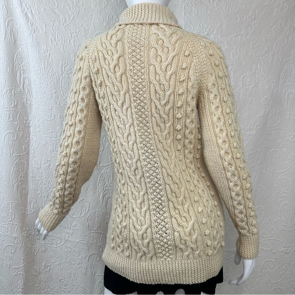 Vintage Hand Knit Wool Extra Long Aran Fisherman Knit Turtleneck Cable Sweater - Picture 6 of 12